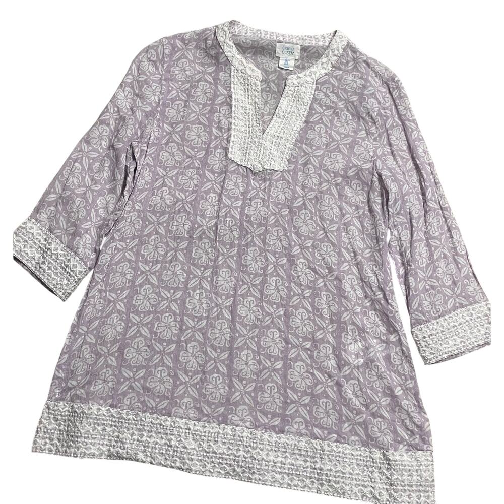 Sigrid Olsen Women's Size S 100% Cotton Embroidered Split Neck Tunic Top Purple